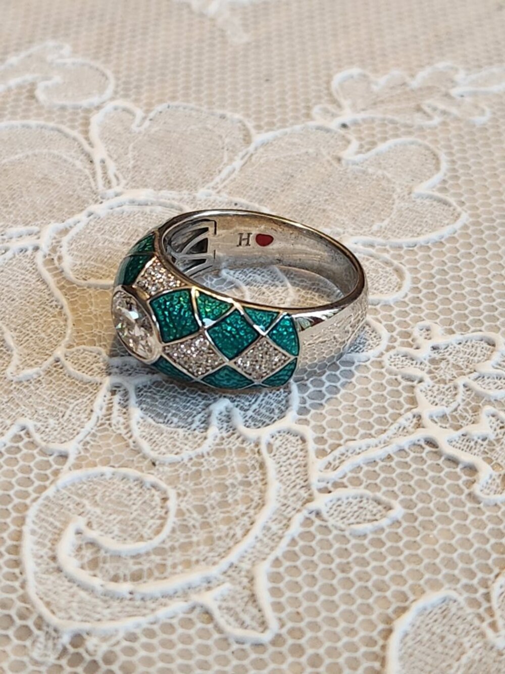 Hidalgo Diamonique Oval Cut CZ Green Enamel Ring 925 Size 9 - geometric pattern! - Picture 6 of 14